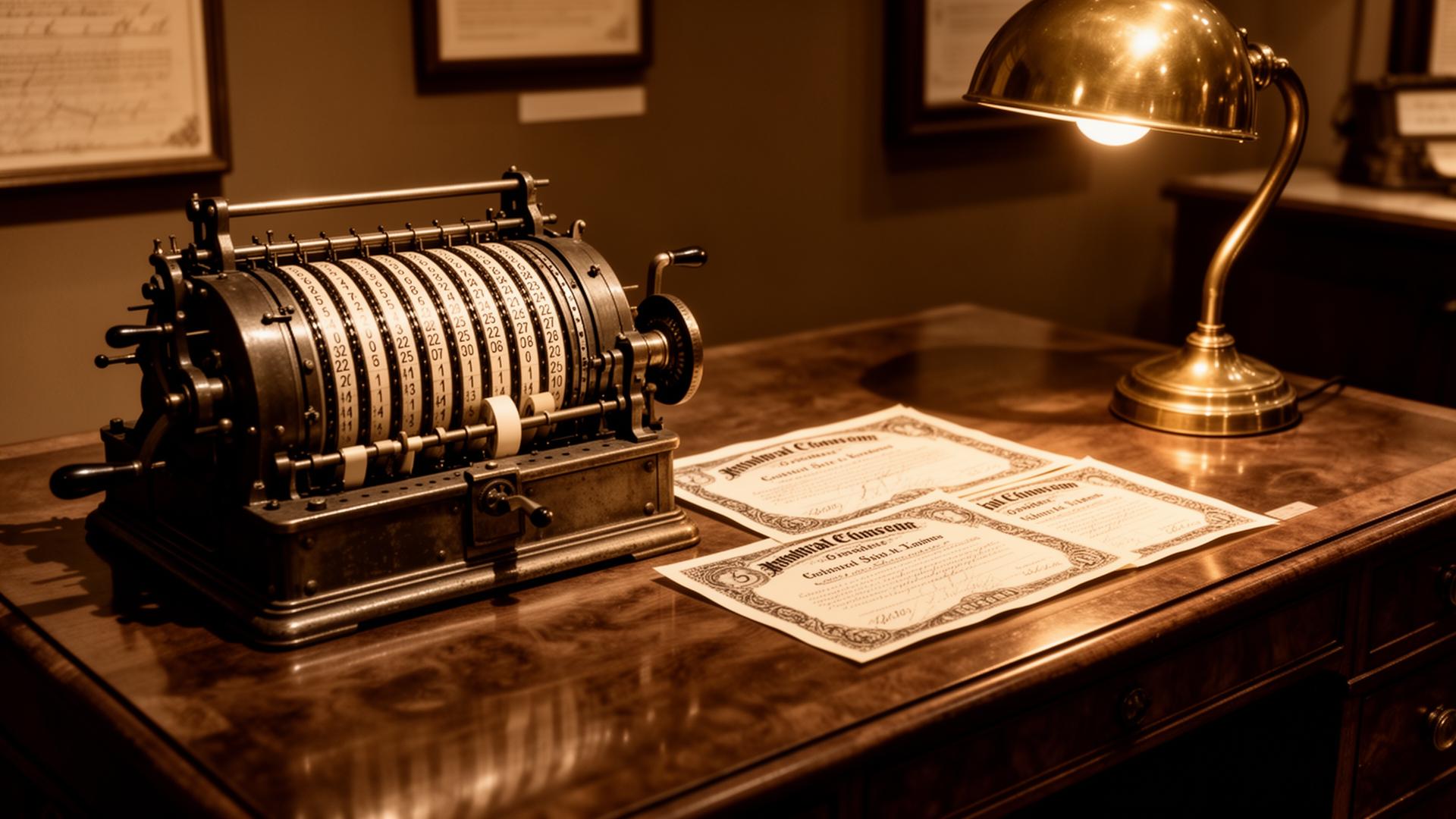 Antique ticker tape machine and stock certificates